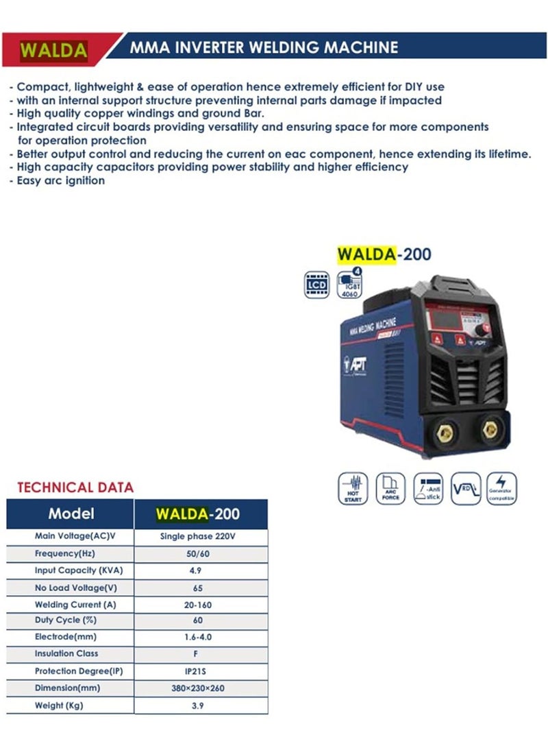 APT Walda 200 Welding Machine Inverter with LED Display 160 Amp - Image 2